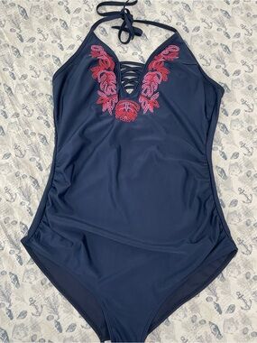 Navy Halter One-Piece Swimsuit with Pink Embroidery
